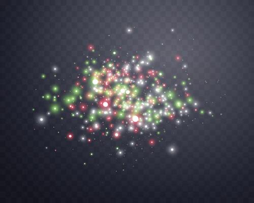 Silver, green and red magic sparks and dust stars. Glittering dots, particles, sparkles. Glow flare light effect. Silver and green luminous points particles