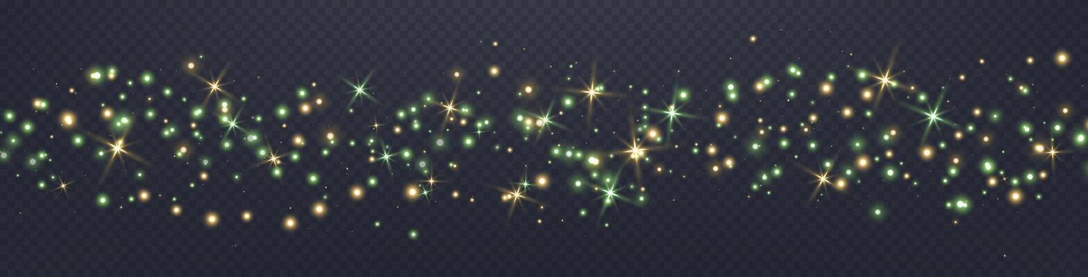 Gold and green glittering dots, particles, stars magic sparks. Glow flare light effect. Gold luminous particles