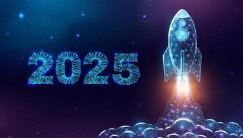Rocket launch, wireframe polygonal style. 2025 start concept with glowing low poly rocket. Futuristic modern abstract background vector