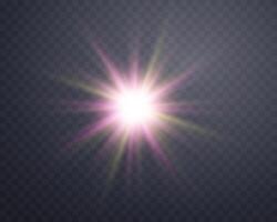 Sunlight lens flare, sun flash with rays and spotlight. Pink and gold glowing burst explosion vector