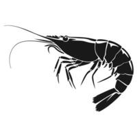 A minimalist shrimp silhouette, capturing its slender form and intricate details in bold black against a clean white canvas. vector