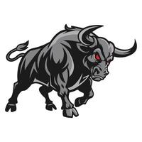 An angry bull silhouette with a powerful stance, emphasizing its muscular build and sharp horns, set on a pristine white background. vector