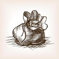 Bag with coins sketch style illustration. Old engraving imitation. Purse with coins hand drawn sketch imitation. vector