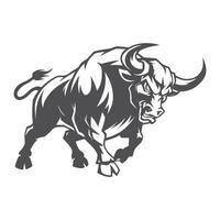 A dynamic bull silhouette caught mid-charge, showcasing intense energy and aggression in bold, clean lines on a crisp white canvas. vector