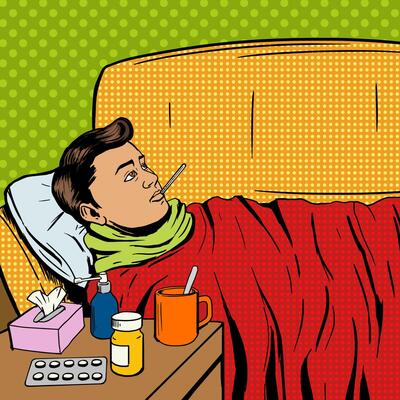 Man suffers cold pop art style illustration. Sick man. Man ill with flu. Comic book style imitation. Vintage retro style. Conceptual illustration