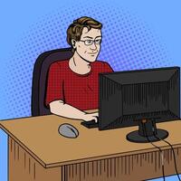 Software developer coder at work comic book pop art retro style illustration. Software engineer. Comic book style imitation. Vintage retro style. Conceptual illustration vector