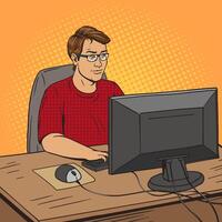 Software developer coder at work comic book pop art retro style illustration. Software engineer. Comic book style imitation. Vintage retro style. Conceptual illustration vector