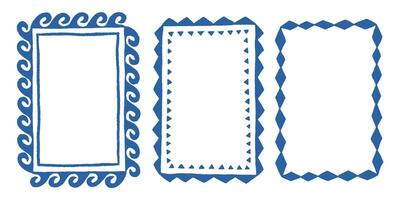 Set of boho drawing maori frame. Nautical blue textured border, Design abstract elements vector