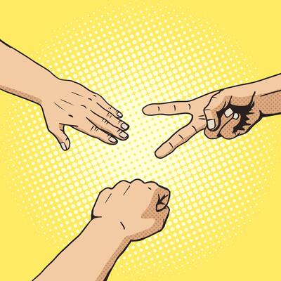 Rock paper scissors hand game pop art style . Comic book style imitation. Vintage retro style. Conceptual illustration
