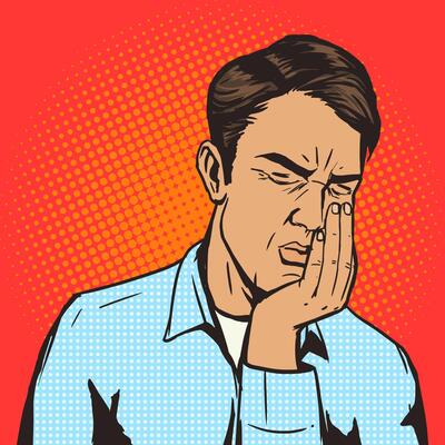 Man suffering with toothache, pop art style retro illustration. Medical illustration. Comic book style. Vintage retro style. Conceptual illustration
