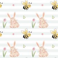 Seamless pattern with cute bunny and bee. Hand drawn spring background. Meadow. vector