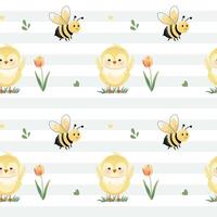Seamless pattern with cute chick and bee. Hand drawn spring backgrounds. Meadow. vector
