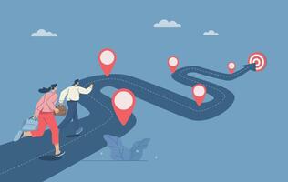 Business team running work on project timeline, Timeline, Progress in business, Roadmap, Project planning, Key route map with action plans, Timeline to success, Flat design illustration. vector