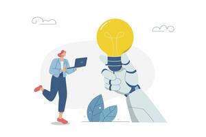 Automatic idea generation with artificial intelligence, Creating successful ideas or creativity, Technological innovation and invention, Women and AI work together to develop innovations. . vector