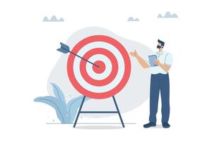 Setting important goals, Action plan or objective that inspires an organization or its employees to achieve their goals, Defining challenging business missions, Businessman with arrow at the target. vector