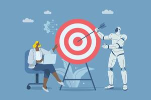 Using AI to help achieve important goals, Technological innovation and invention, Businesswoman and AI work together to develop innovations for the goals of the company or organization. vector