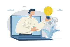 Creating successful ideas or creativity, Imaginative thinking and inspiring ideas, Motivation for business innovation, Businessman holding a big light bulb on a laptop screen, Flat design. vector
