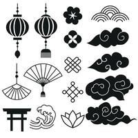 Set of Chinese design elements. Decorative collection of lanterns, flowers, clouds, knots, fans, waves vector