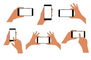 Set of hands with smartphone isolated on white background. vector
