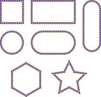 Collection of geometric frames with intricate triangular shapes including circles, hexagons, stars in purple and gold, for design projects, digital artwork, invitations, branding. illustration vector