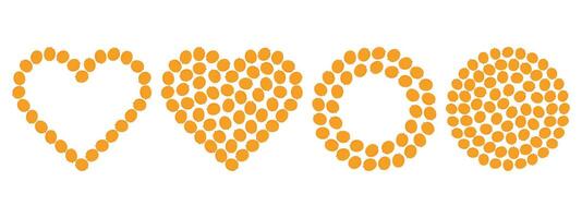 Apricots Heart shapes outline and fill. Circular Frame Copy space and Round Background Texture Set 4. Isolated illustration Thematic cards, poster or web promo banner, leaflet, price tag, label vector