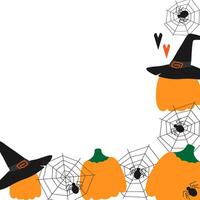 Spiders, cobweb, Witch hats and decorative hearts Corner Frame border Halloween Copy space Template. Isolated illustration Thematic cards or web promo banner, leaflets, print materials or tags vector