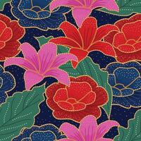 Intricate red lilies and white roses blossom seamless batik pattern on a warm terracotta background, accented with gold detailing. The design evokes a rich, and elegant mood. vector