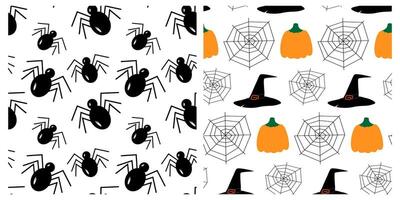 Spiders, cobweb, pumpkins and Witch Hats Seamless pattern Halloween background Texture concept Set 2. Isolated illustration Wrapping, wallpaper or web promo banner, thematic card, leaflet, tag vector