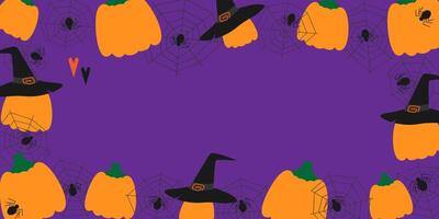 Pumpkins, cobweb, spiders, Witch hats and decorative hearts Halloween Frame Copy space Template idea. Isolated illustration Thematic cards or web promo banner, leaflets, print materials or tags vector