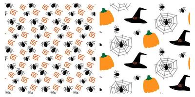 Spiders, cobweb, pumpkins and Witch Hats Seamless pattern Halloween background Texture concept Set 2. Isolated illustration Wrapping, wallpaper or web promo banner, thematic card, leaflet, tag vector