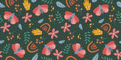 Whimsical Seamless Butterfly and Botanical Pattern with Mystical Elements, Vibrant Colors, and Hand-Drawn Motifs on Dark Green Background Perfect for Fabric, Wallpaper, and Art Projects vector