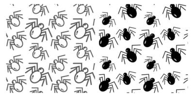 Outline and Black Spiders Seamless Patterns. Thematic cards or Halloween Abstract Backgrounds Set 2. Isolated illustration Wallpaper, wrapping or web promo leaflet, cards, poster, banner, label vector