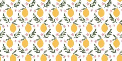 Charming Seamless Lemon and Floral Pattern with Pink Flowers and Green Leaves on White Background for Elegant Decorative and Textile Designs vector