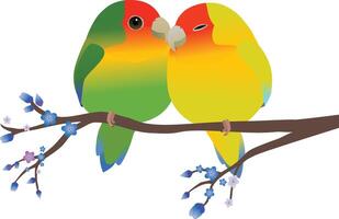 Two very cute Rosy faced lovebirds in the shape of an egg. One is a green color variation and the other is yellow. Cuddling close together. Soft blue gradient background vector