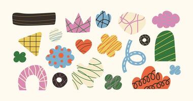Hand drawn retro collage abstract shapes, geometric freeform with scribble texture inside. Collection of multicolored vintage flower, cloud, heart elements, doodle design vector