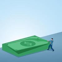 A man pulls banknotes from a pile. Illustration of profit sharing, dividends, and shareholders. vector