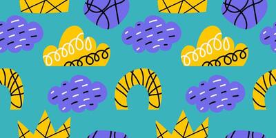 Bizarre freehand abstract shapes with doodle scribbling drawing lines inside. Bright colored seamless pattern for textile, paper, fabric, background, wallpaper, print design vector