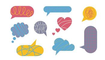 Collection of dialogue cloud templates with squiggles. Empty round, cloudy chats with hand drawing waves, scribble, doodle lines vector