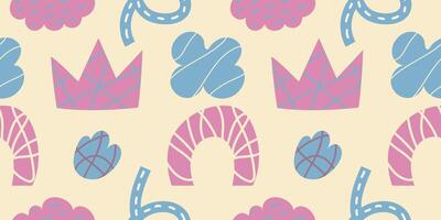 Abstract seamless pattern of pink and blue freehand doodle scribble inside simple shapes. Retro illustration for textile, paper, fabric, background, wallpaper, print design. vector