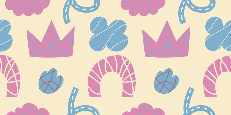 Abstract seamless pattern of pink and blue freehand doodle scribble inside simple shapes. Retro illustration for textile, paper, fabric, background, wallpaper, print design.
