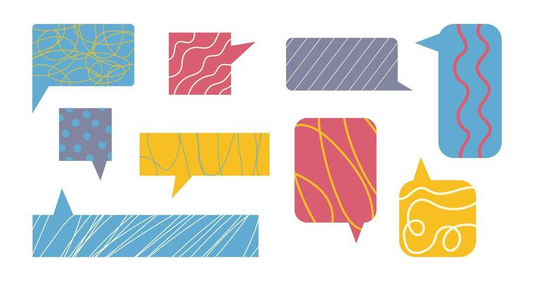 Set of message box with creative curves, scribbling textured, lines inside in retro style. Flat design elements, empty rectangular talk chat isolated on white background
