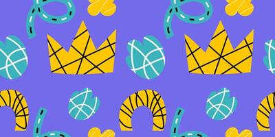 Seamless pattern with simple abstract shapes, hand drawn scribble lines inside. Flat colored background for textile, paper, fabric, wallpaper, print design vector