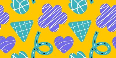 Modern seamless pattern in 2000s. Hand drawn abstract shapes with scribble lines inside vector