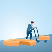 A man pushing a trolley with a coin section on it. Illustration of profit sharing, dividends, and shareholders. vector