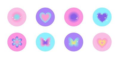 Set of blurred gradient round stickers, highlights covers in y2k style. Templates icons, trendy aura design for social media, story buttons. Flower, heart, planet, butterfly 2000s elements vector