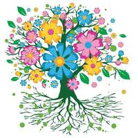 A colorful tree of life with a crown full of colorful flowers. The background is white vector