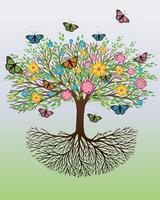 A tree of life with flowers and colored butterflies sitting on the branches and flying around the tree. The background is a green white gradient vector