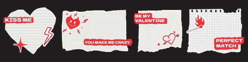 Collection of pieces of torn paper and inscriptions for Valentine's Day. Cut out design elements for notes, declarations of love, flirting and expressing romantic feelings. vector