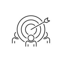 Target audience icon. Depicts a stylized group of figures with a dart hitting a target above them, symbolizing precise candidate search, talent acquisition. illustration vector