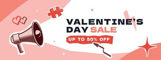 A horizontal banner template for a Valentine's Day sale with a speaker, various doodle elements, and typography. Collage-style layout design. vector